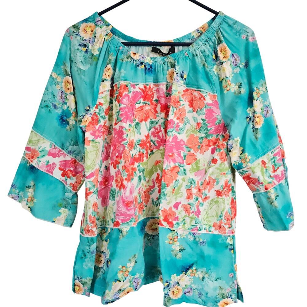 Caleooa Floral Patchwork Blouse Petite Large Rayon Flowy Spring Summer Whimsical